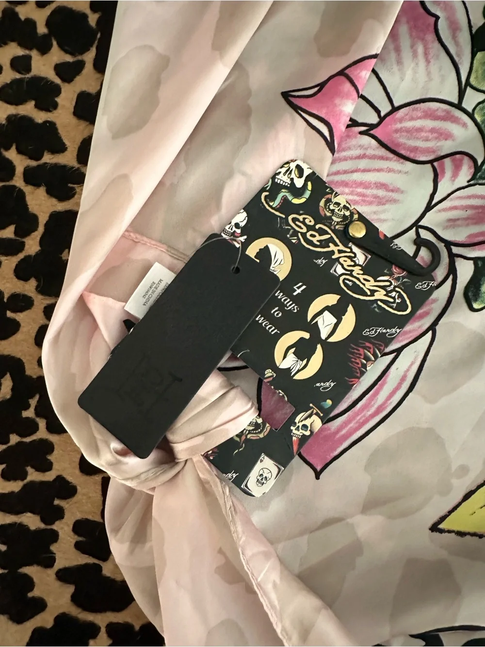 Ed Hardy Pink Floral & Leopard Print Silk Scarf